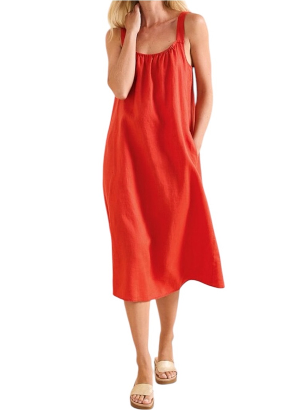 Eileen Fisher Pocket Linen Sleeveless Red Midi Tank Dress